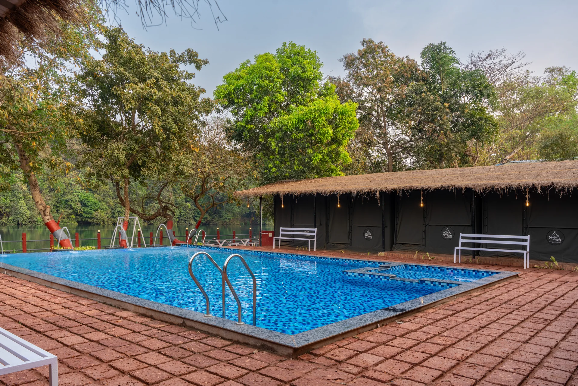 Swimming pool surrounded by trees at Nadi Teera, Dandeli